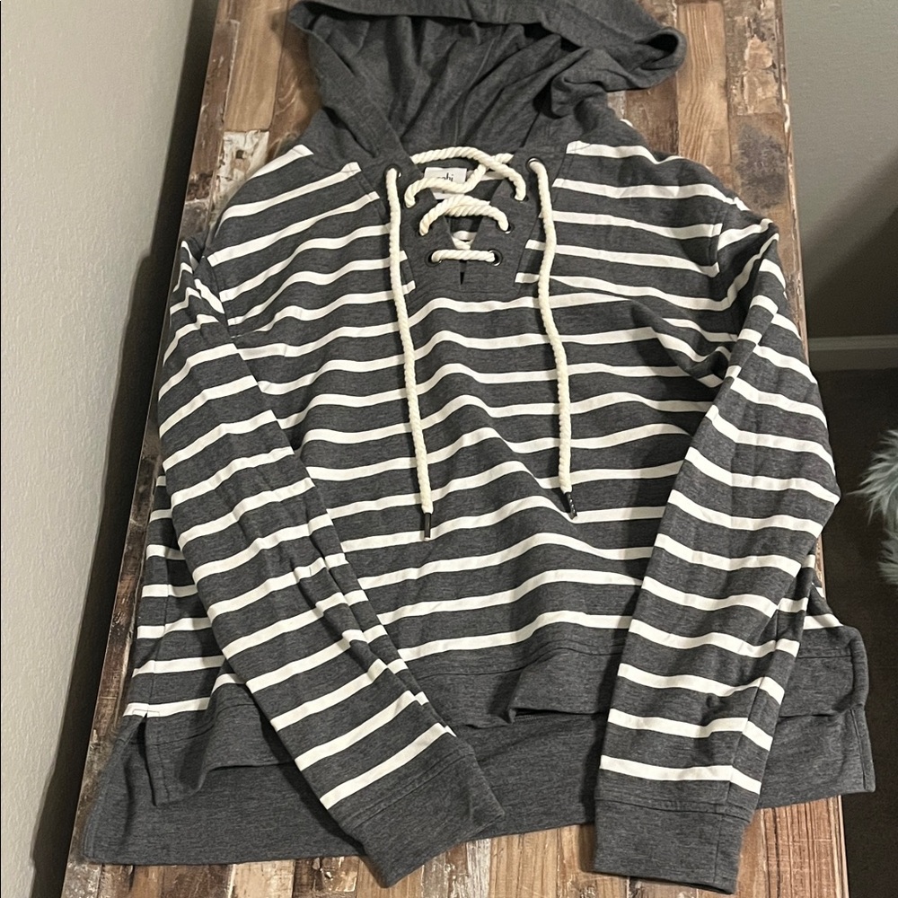 Cabi Gray and White Striped Lace-Up Hoodie